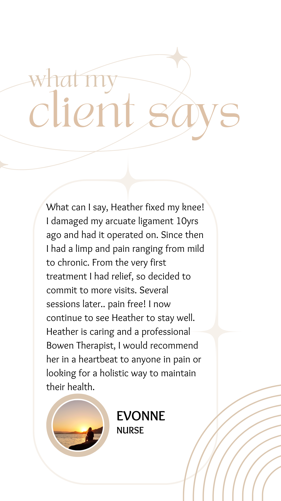 Evonne’s Bowen Therapy review – chronic knee pain relief and restored mobility after surgery, now pain-free in Lennox Head.